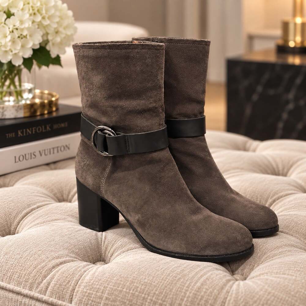 Frye Addie Harness Booties Sz 9.5 B Gray Suede Western Cowgirl Black Buckle